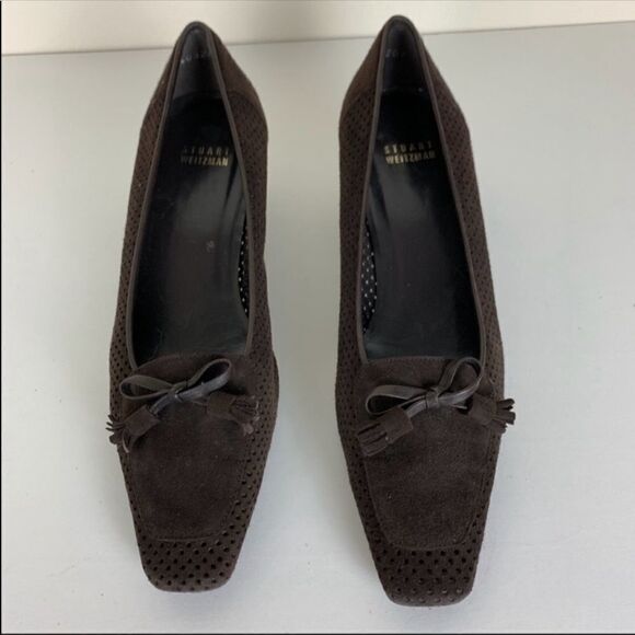 Stuart Weitzman Brown Suede Perforated Loafer Heel w/Bow Mid Heel 7.5 Narrow - Picture 3 of 6